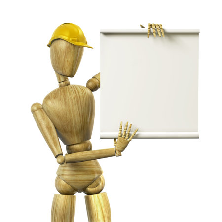 Very high resolution 3d rendering of a mannequin with an hard hat showing a blank board.の写真素材
