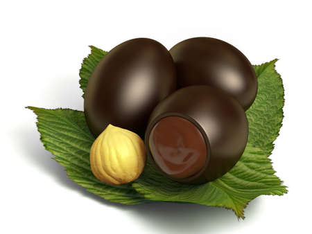 Very high resolution 3d rendering of three chocolate eggs with hazelnut cream filling.の写真素材