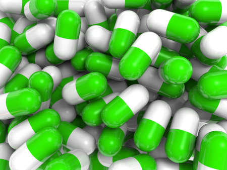 Very high resolution 3D rendering of white and green pills isolated over a white plane.の写真素材