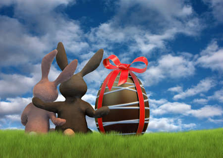 High resolution 3D rendering of two lovely bunnies with a big easter egg.の写真素材