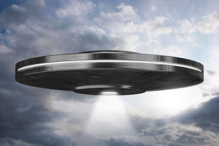 Very high resolution 3d rendering of a big UFO in the sky.の写真素材