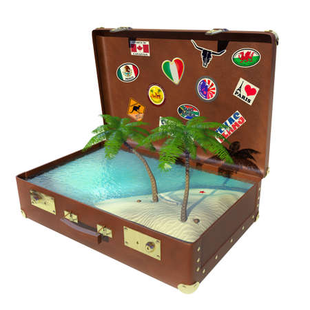 Very high resolution 3D rendering  of an old suitcase with a tropical landscape insideの写真素材