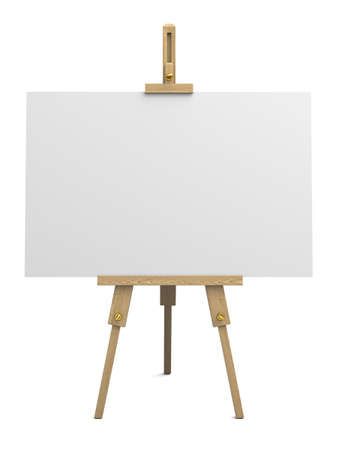 Very high resolution 3d rendering of a wooden easel with empty canvans isolated over white の写真素材
