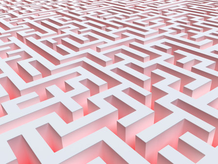 Very high resolution rendering of a red arrow going through a labyrinthの写真素材