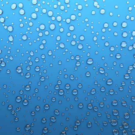 Very high resolution 3d rendering of water droplets on a blue plane の写真素材