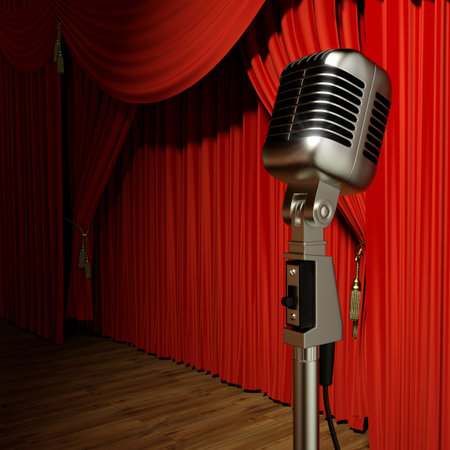 Very high resolution 3d rendering of red stage theater drapes and a microphone の写真素材