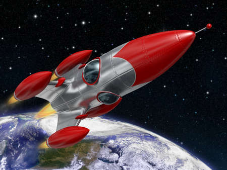 Very high resolution 3d rendering of a cartoon-style space rocketship の写真素材