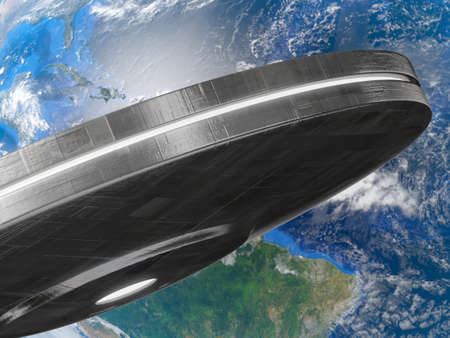 Very high resolution 3d rendering of a big UFO facing the earthの写真素材