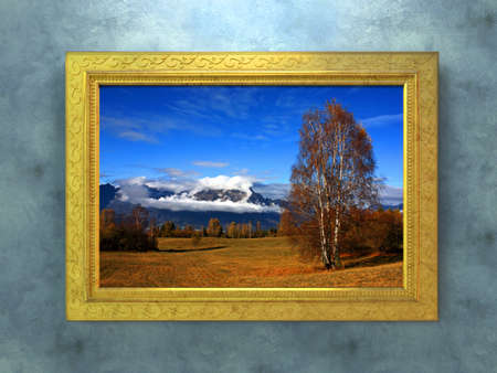 Computer generated image of an autumn landscape on classical golden frame.の写真素材