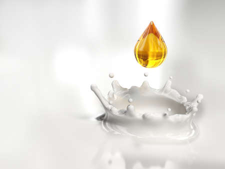 Veri high resolution rendering of a golden drop in the milkの写真素材