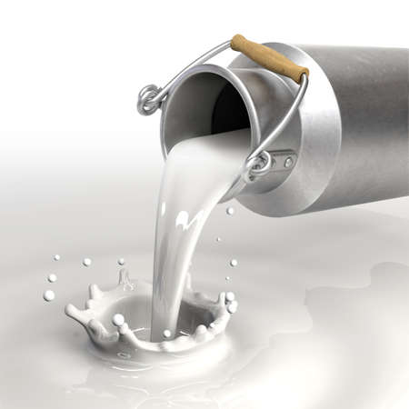 Very high resolution 3d rendering of a bucket pouring milk.の写真素材