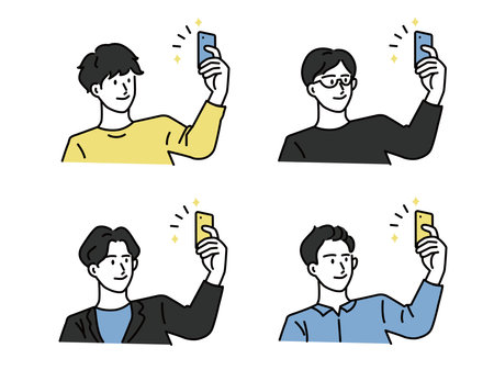 SNS,Young happy man taking selfie photo on smartphone. Male face portrait on cellphone screen. Smartphone, transmission, photography, fashion,のイラスト素材
