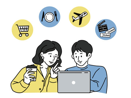 On-line Shopping and Network. Vector Illustration. Shopping, food, travel, tickets, cashless, plans, search,
Illustrations of couples using online services (shopping, meals, travel, tickets, cashlessのイラスト素材