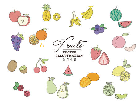Simple and cute fruit line illustration strawberry, apple, lemon , peach, watermelon, orange, banana , Cherry, Raspberry, Blueberry, Kiwi,  La Franceのイラスト素材
