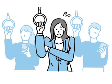 An illustration of a crowded train.Commuting, commuting, transportation, stress, irritation, cramped, in-vehicle manners.のイラスト素材