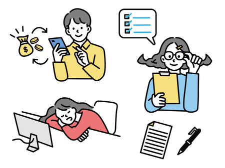 Illustrations of men and women representing points, attention, and presentations. business, sleeping, dozing, research, check, cashless.のイラスト素材
