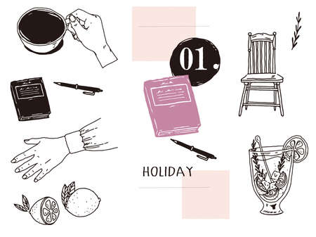 Black and white, monotone, line drawing illustrations. handwriting, fashion, magazines, cafes, fashion, coffee, interior, hands, books.のイラスト素材