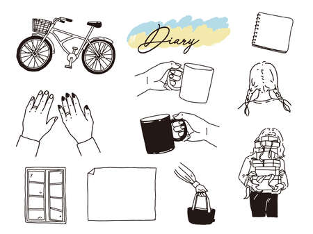 Illustrations of black and white, monotone, and line drawings.Handwritten, cafe, fashion, interior decoration, bicycle.のイラスト素材