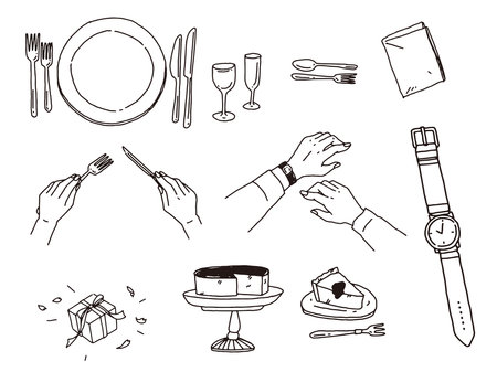 Illustrations of black and white, monotone, and line drawings.Manners, dishes, plates, cakes.のイラスト素材
