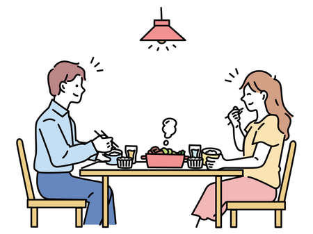 Illustration of eating.Delicious, food, dinner, family reunion, husband and wife, happiness, family.のイラスト素材