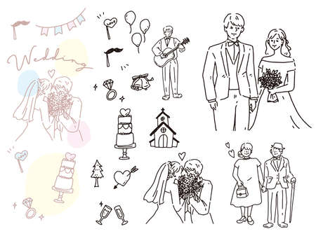 Illustrations of black and white, monotone, and line drawings.Weddings, couples, invitations, rings, happiness.のイラスト素材