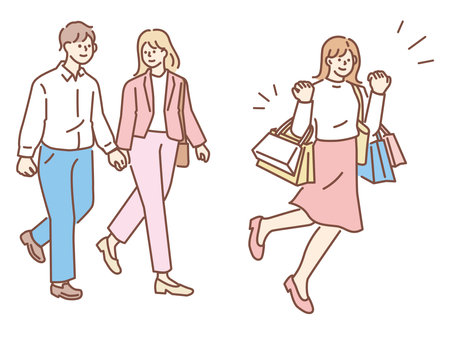 Shopping illustrations.Sale, couple, date, buying in bulk, wasting.のイラスト素材