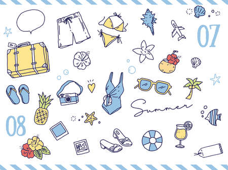 Black and white, monotone, and line drawing illustrations.Handwritten, stylish, magazine, fashion, cute, summer, beach, vacation.のイラスト素材