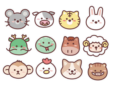 A cute illustration of the Chinese zodiac: horse, mouse, wild boar, dog, sheep, snake, monkey, cow, bird, rabbit, tiger, dragon, character.のイラスト素材