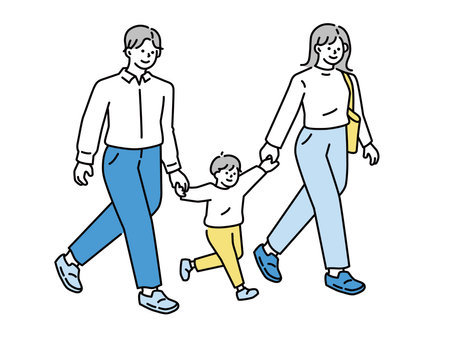 Illustrations of family, shopping and shopping.Children, travel, walk, commute to school, commute to work, go out.のイラスト素材