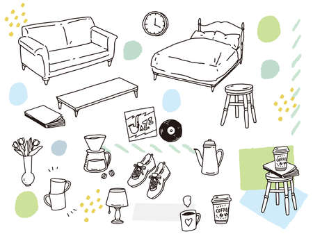 hand drawn set. Black and white, monotone, and line drawing illustrations.Handwritten, stylish, magazine, fashion, cute, balloon, flowers.のイラスト素材