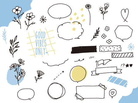 hand drawn set. Black and white, monotone, and line drawing illustrations.Handwritten, stylish, magazine, fashion, cute, balloon, flowers.のイラスト素材