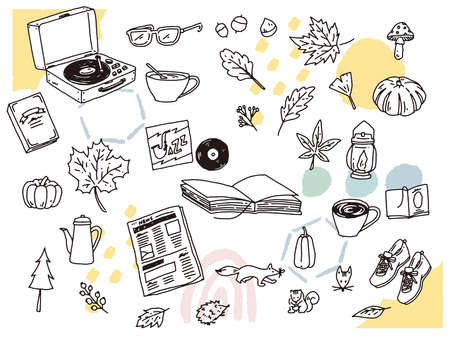 Black and white, monotone, and line drawing illustrations.Handwritten, stylish, magazine, fashion, cute, interior, autumn, autumn leaves.のイラスト素材