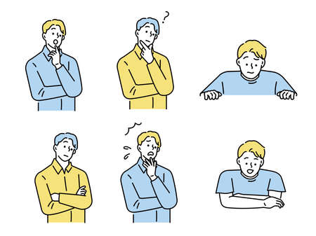 Confused man thinking together. People with question marks vector illustration.のイラスト素材