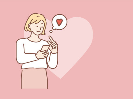 Illustration of a woman fiddling with a smartphone. Good. SNS, Internet, cashless, selfie.のイラスト素材