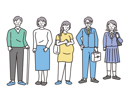 Illustration of the city: men and women of all ages, students, working adults, pregnant women, elderly people, environment, city, people, society.のイラスト素材