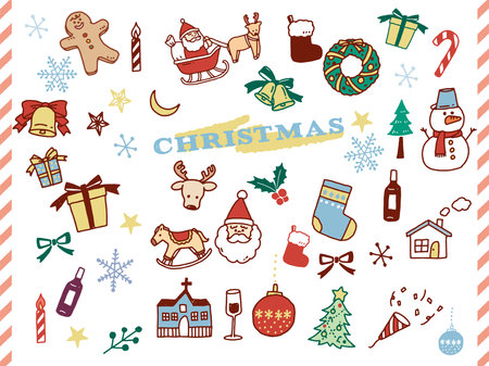 Black and white, monotone, and line drawing illustrations.Handwritten, stylish, magazine, fashion, Christmas, winter, Santa.のイラスト素材