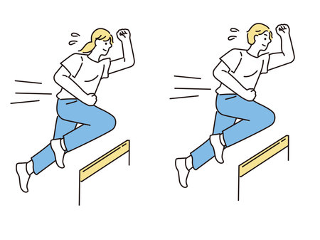 a man and a woman who fly a hurdle.Improvement, sports, leaps, efforts.のイラスト素材