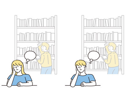 an illustration of a library.Study, thoughts, worries, exams, exams.のイラスト素材