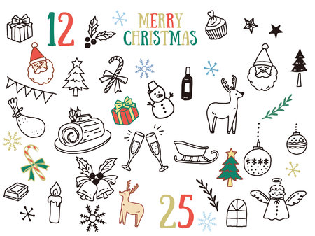 Black and white, monotone, and line drawing illustrations.Handwritten, stylish, magazine, fashion, Christmas, winter, Santa.のイラスト素材
