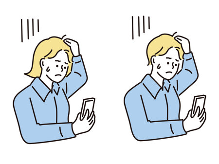 Illustrations of men and women who think and think.I'm lost, questioned, worried, choice, smartphone,のイラスト素材