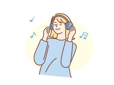 Illustration of listening to music. Relaxation, hobbies and healing.のイラスト素材