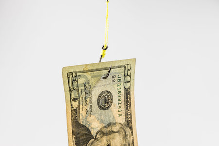 fishing with 20 dollar banknote lure on fishhook isolated on white background