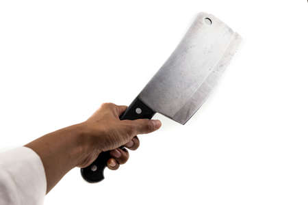 human hand holds butcher knife or cleaver isolated on whiteの写真素材