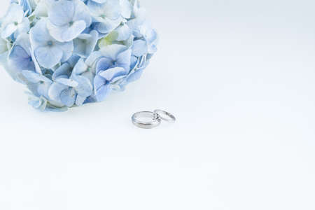 Rings with light blue hydrangea flowers  isolated on white. ring focusedの写真素材