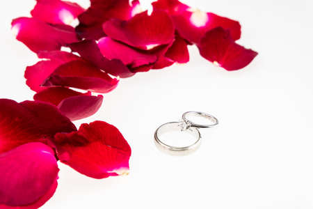 Red rose petals  with diamond ring on whiteの写真素材