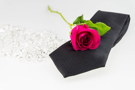 Pink rose on necktie with crystal on whiteの写真素材