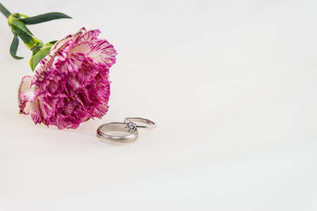 Wedding ring with pink carnationの写真素材