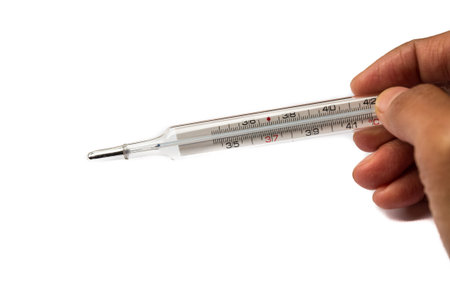 Hand with thermometer on white background isolated.