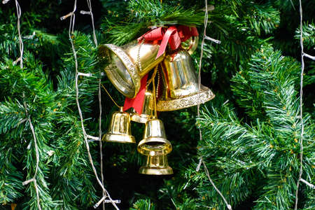 Gold bell ornament on xmas tree.の写真素材