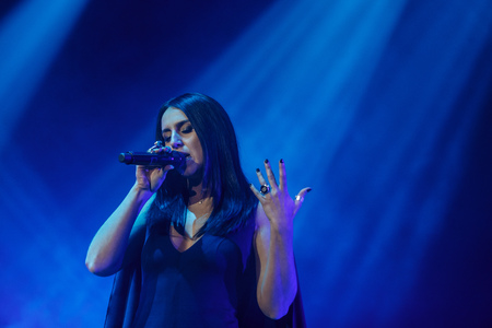 KYIV, UKRAINE - DECEMBER 5: The famous Ukrainian singer Jamala sings with eyes closed presenting her new album "Podykh" (Breath), 5 December 2016, International Center of Culture and Arts (October Palace)のeditorial素材